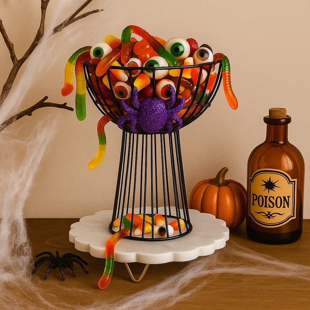 196. 🐣 Halloween Black Wire Spider Web‎ Stand with Purple Glitter Spider – NWT